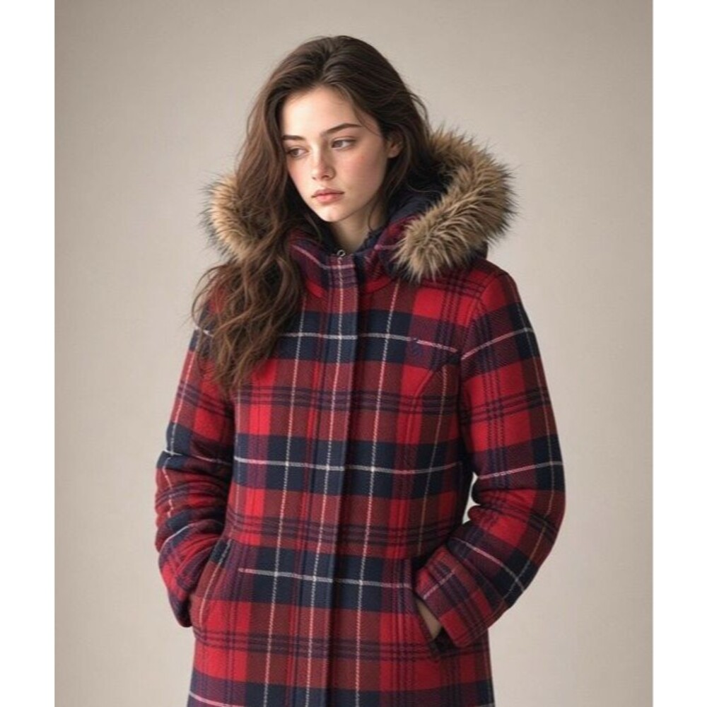 Y2K Vtg Abercrombie & Fitch Plaid Wool Bl Coat Faux Fur Hooded Womens L Navy Red